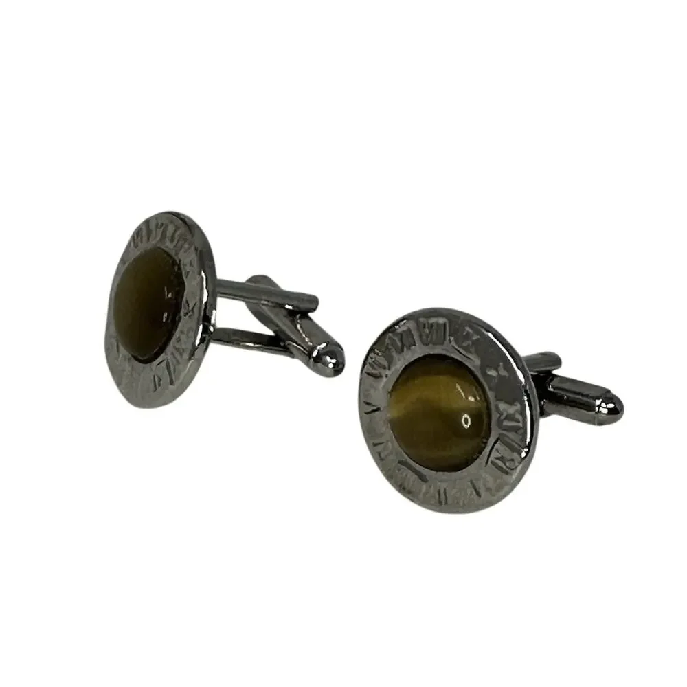 Vintage MCM Silvertone Cat’s Eye Cabochon Roman Numeral Bezel Cuff Links